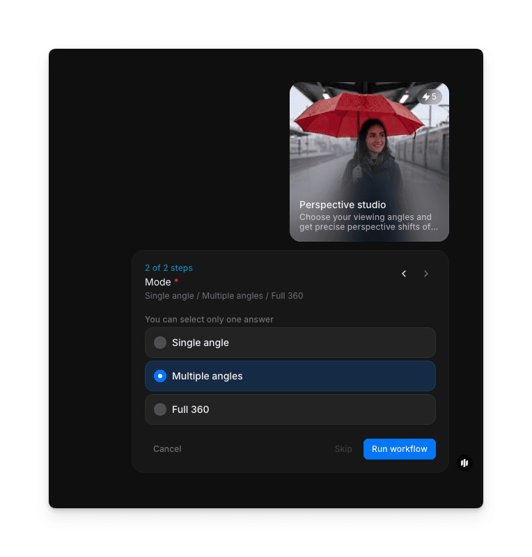 Camera angle control interface in the Morphic perspective studio