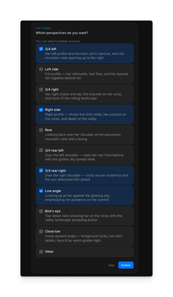 Angle preset selection showing available perspective options in the Morphic workflow
