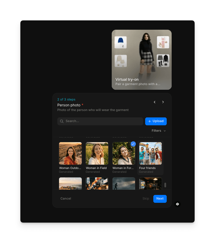 Morphic upload screen for person photo in virtual try-on workflow