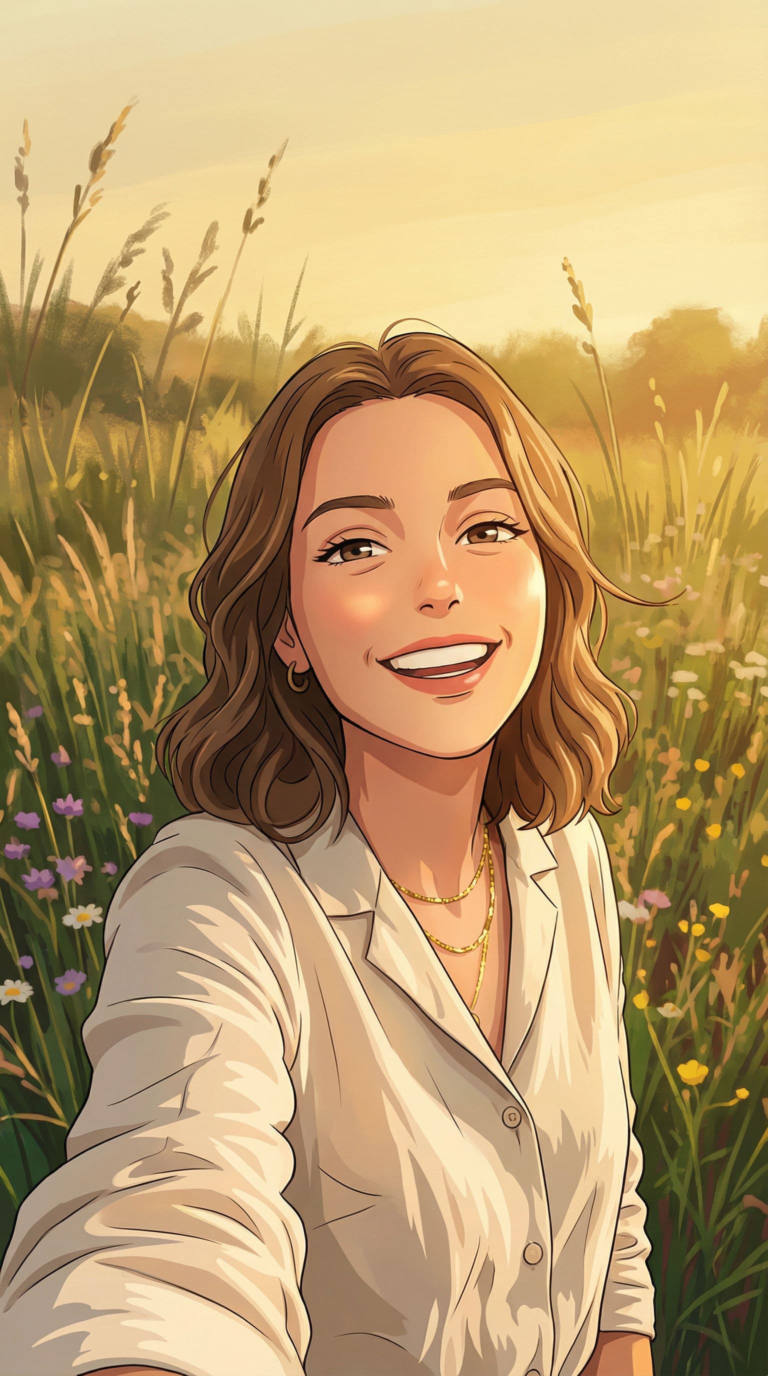 A mesma mulher renderizada em estilo de ilustração anime com tons quentes, traço suave e fundo de campo estilizado