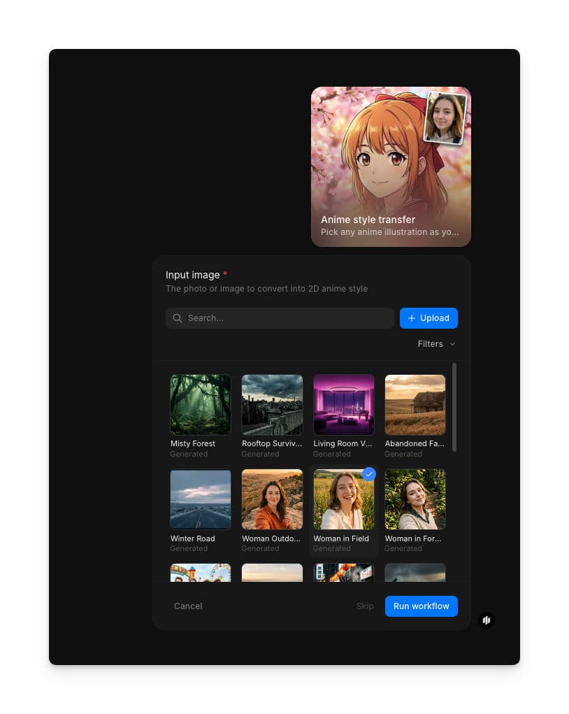 Anime-Stiltransfer-Workflow mit dem Feld Input image, einer durchsuchbaren Galerie von Fotos und einer Run-workflow-Schaltfläche