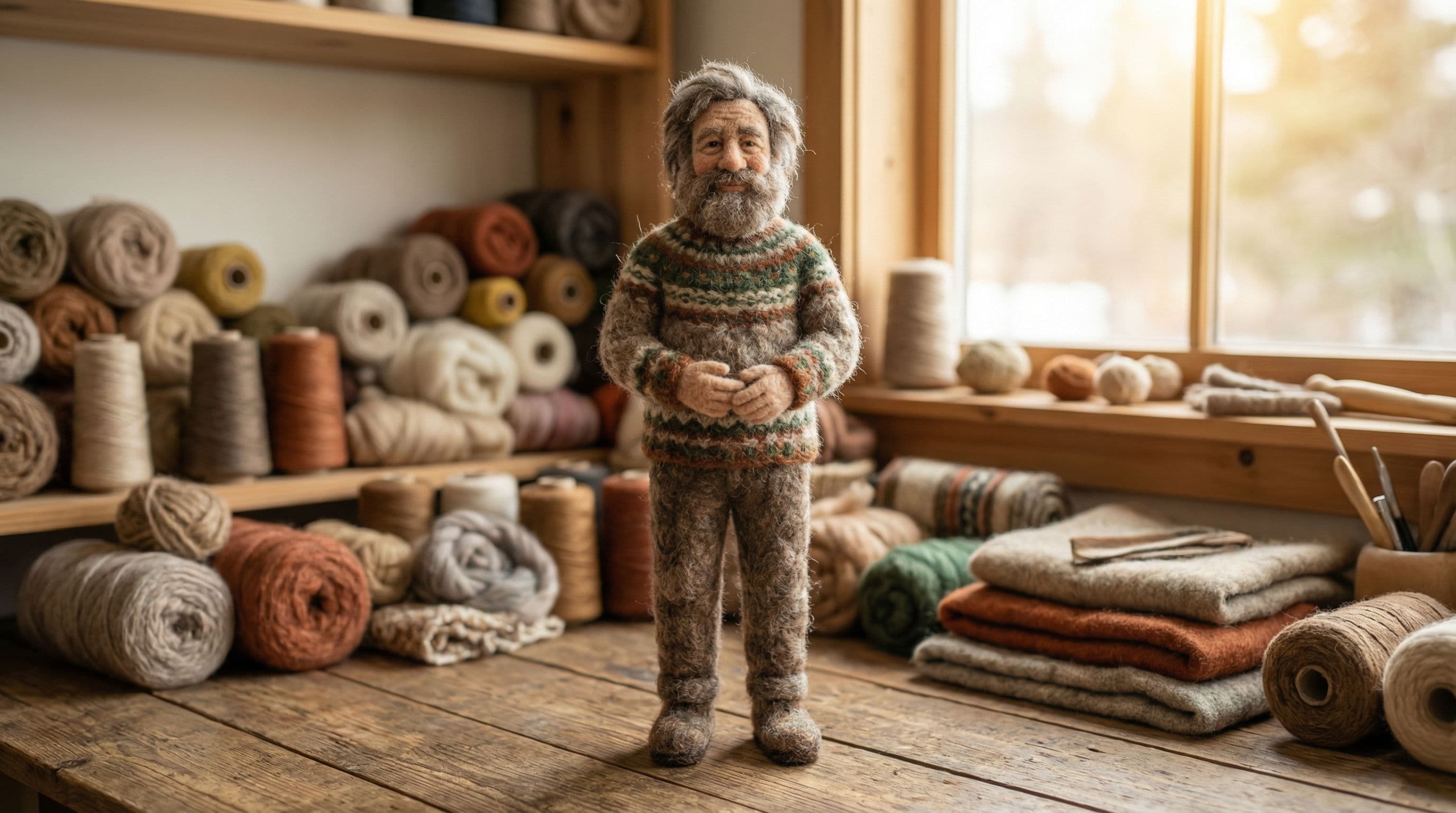 La misma figura de fieltro en formato panorámico 16:9 con el fondo del taller de lana extendido de forma continua para llenar el encuadre más ancho