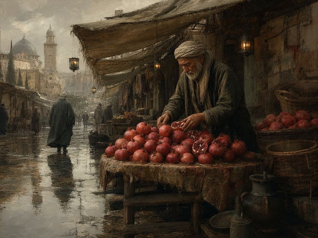 Weitwinkelaufnahme im Stil einer Matte Painting: ein älterer Händler ordnet Granatäpfel an einem Marktstand an