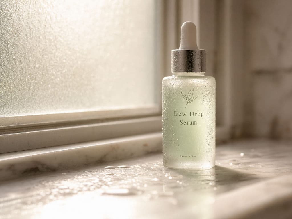 Frasco de skincare con la etiqueta Dew Drop Serum en una encimera de mármol de baño con una ventana de vidrio esmerilado