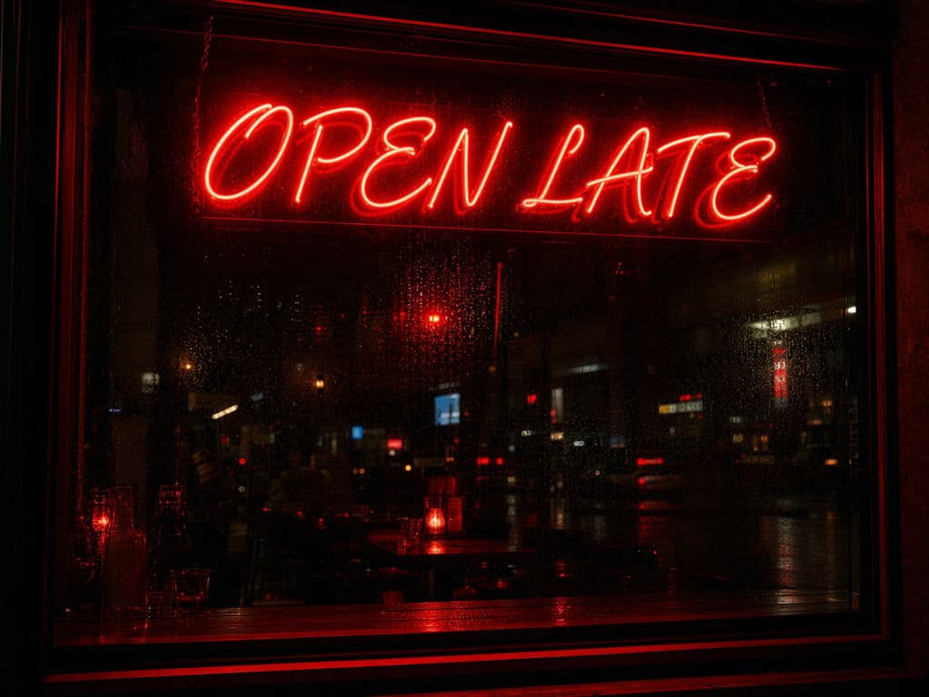 Letrero de neón rojo brillante con la leyenda OPEN LATE en letra cursiva sobre una ventana