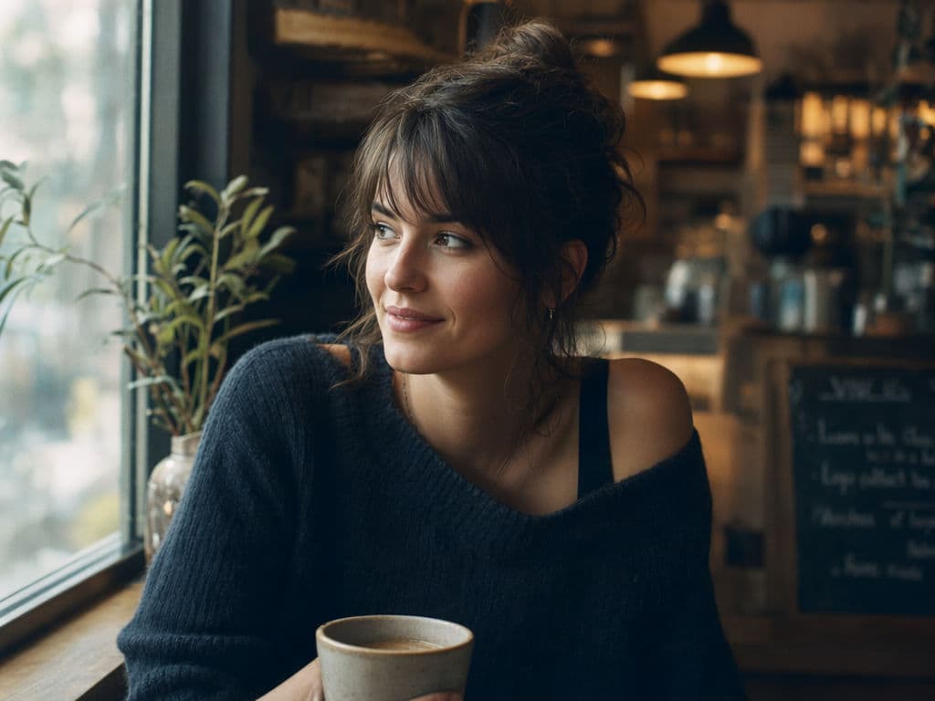 Retrato de uma mulher perto da janela de um café com luz natural suave e preenchimento de tungstênio quente