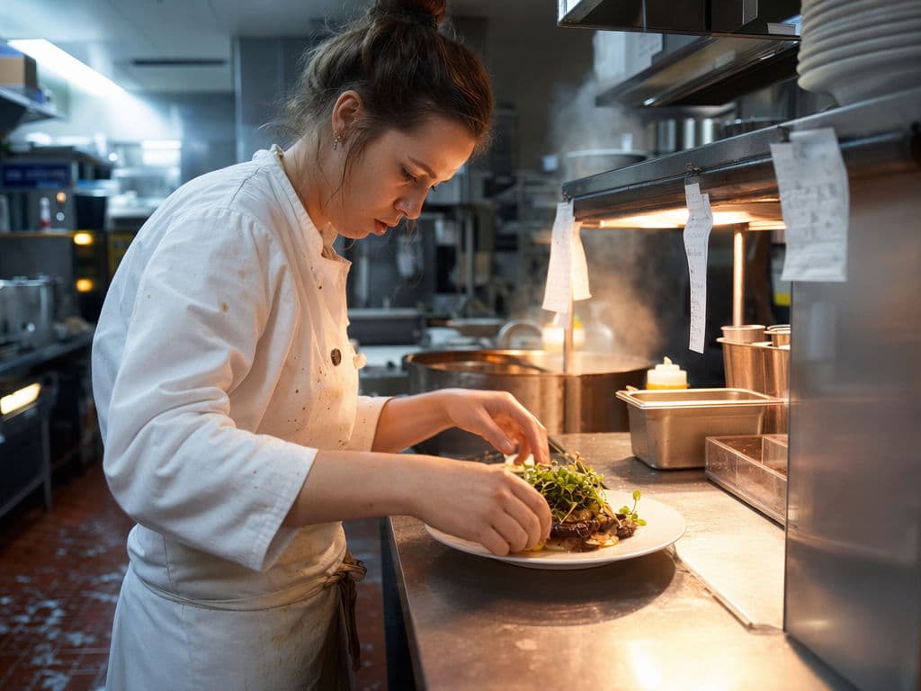 Toma espontánea fotorrealista de una chef emplatando un platillo en un pase de acero en la cocina de un restaurante