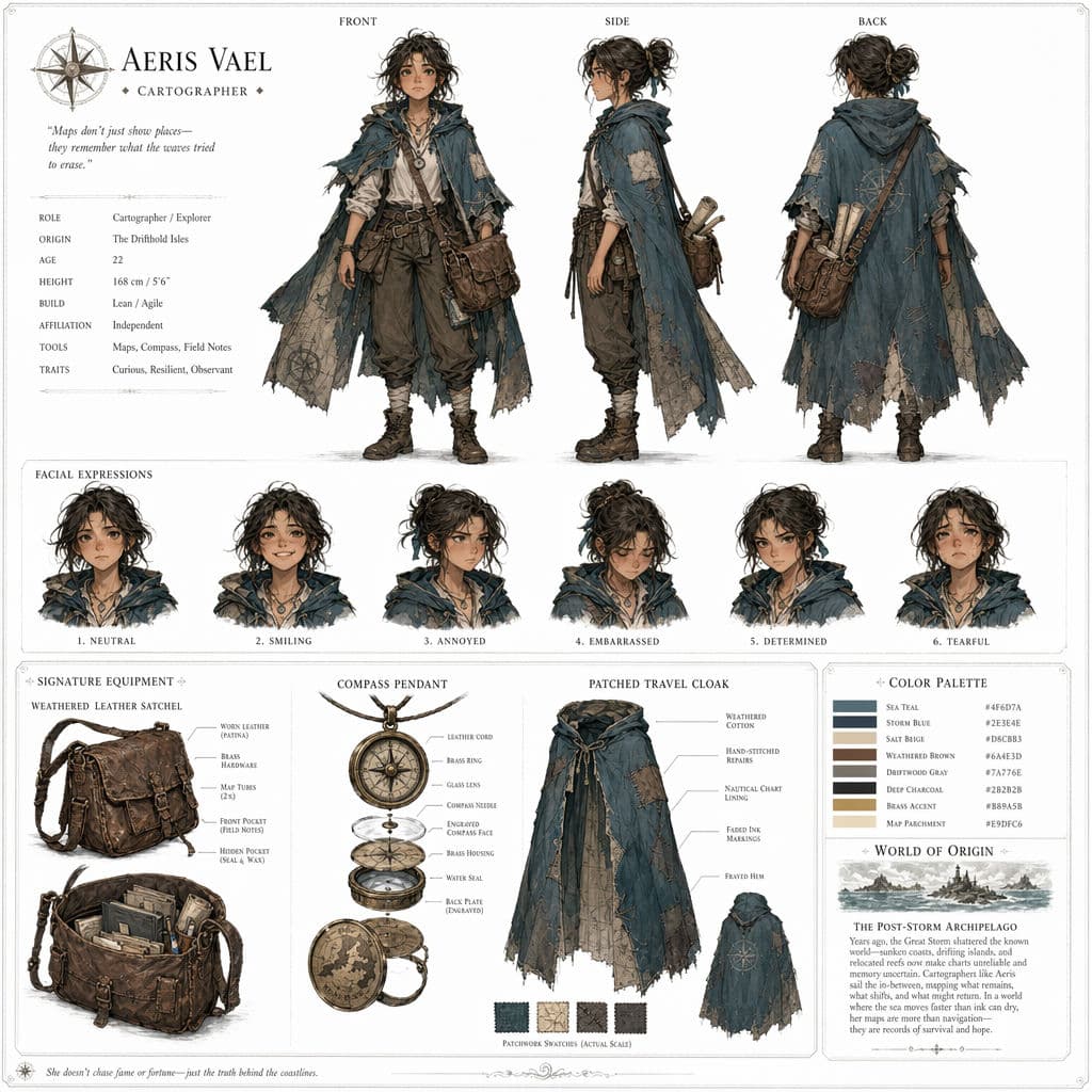 Hoja de referencia de personaje de un cartógrafo, generada con ChatGPT Images 2.0