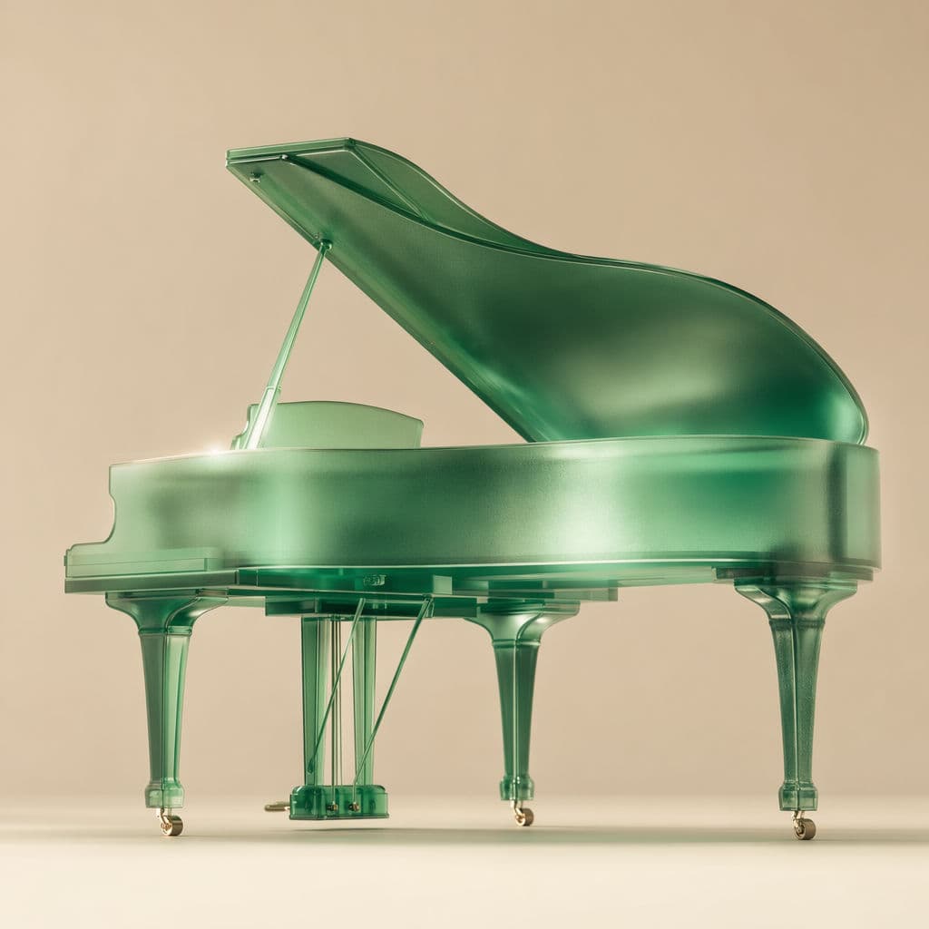 Render de un piano de cola de resina esmeralda translúcida, generado con ChatGPT Images 2.0
