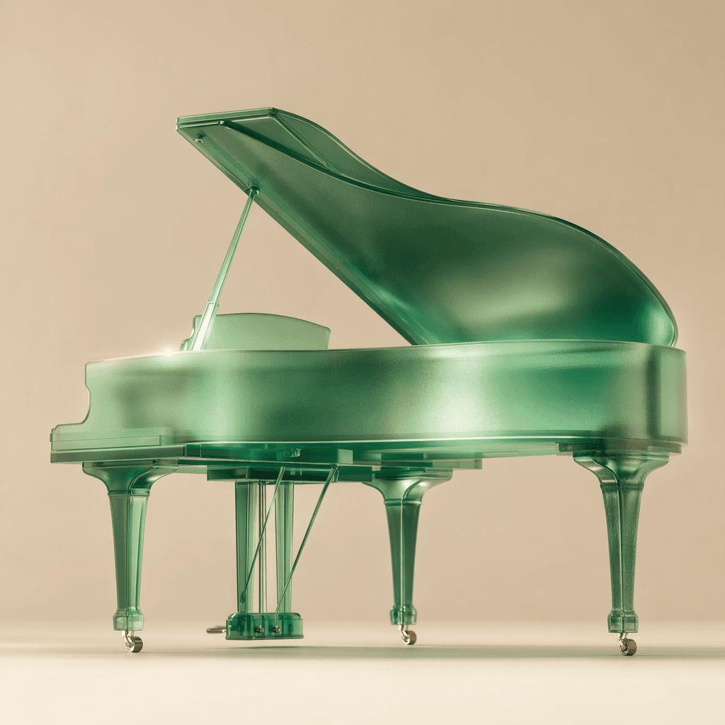 Renderização de piano de cauda em resina esmeralda translúcida, gerada com ChatGPT Images 2.0