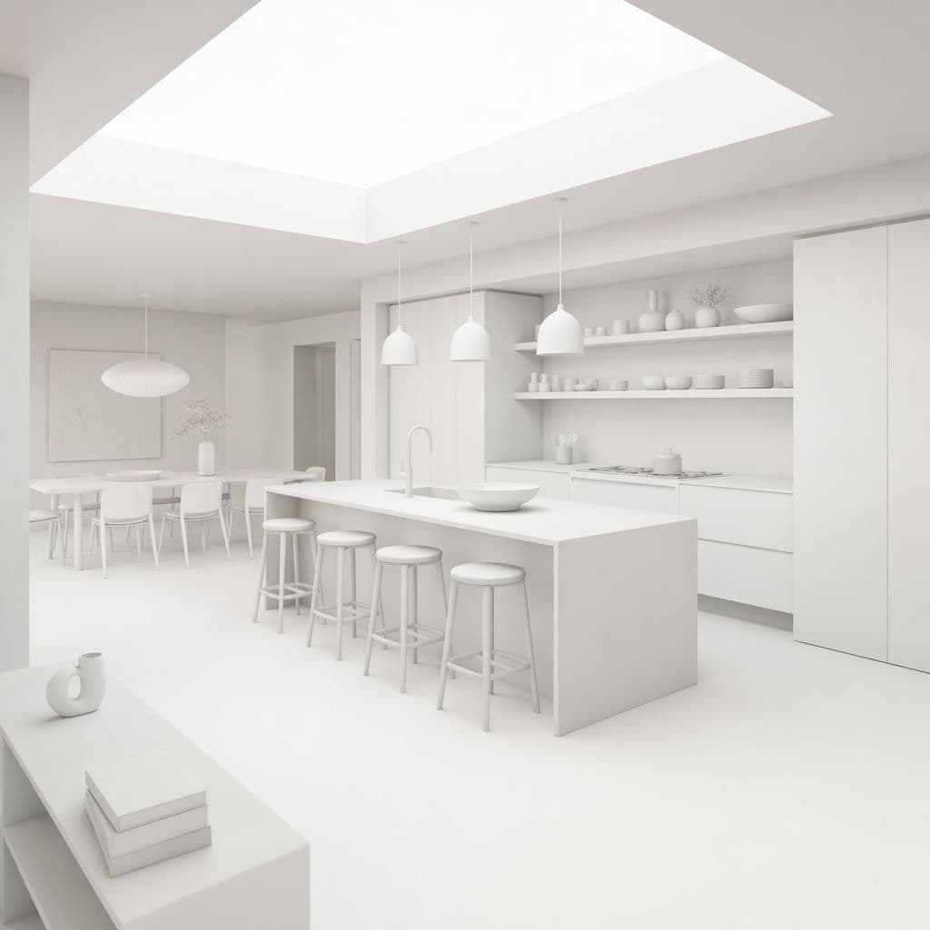 Render arquitectónico de una isla de cocina de arcilla blanca, generado con ChatGPT Images 2.0