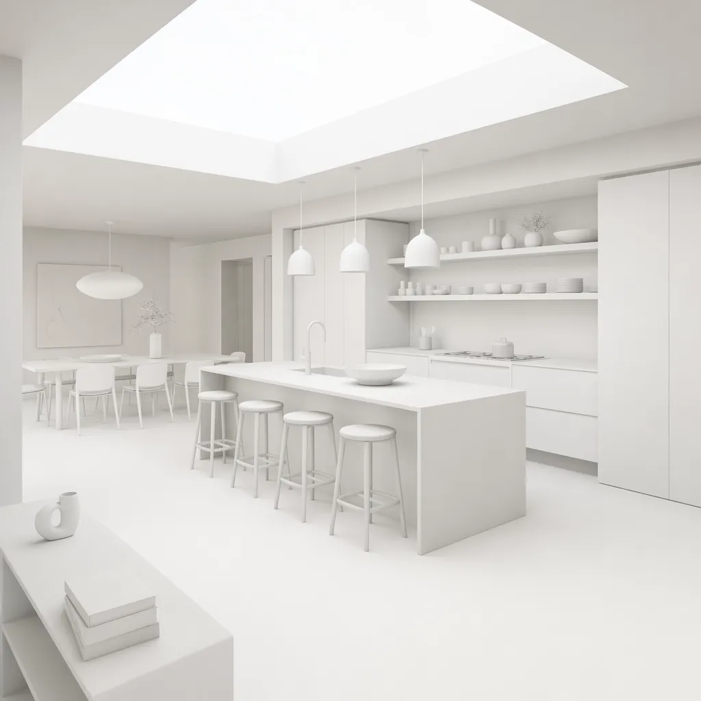 Architektur-Render einer Kücheninsel aus weißem Ton, generiert mit ChatGPT Images 2.0