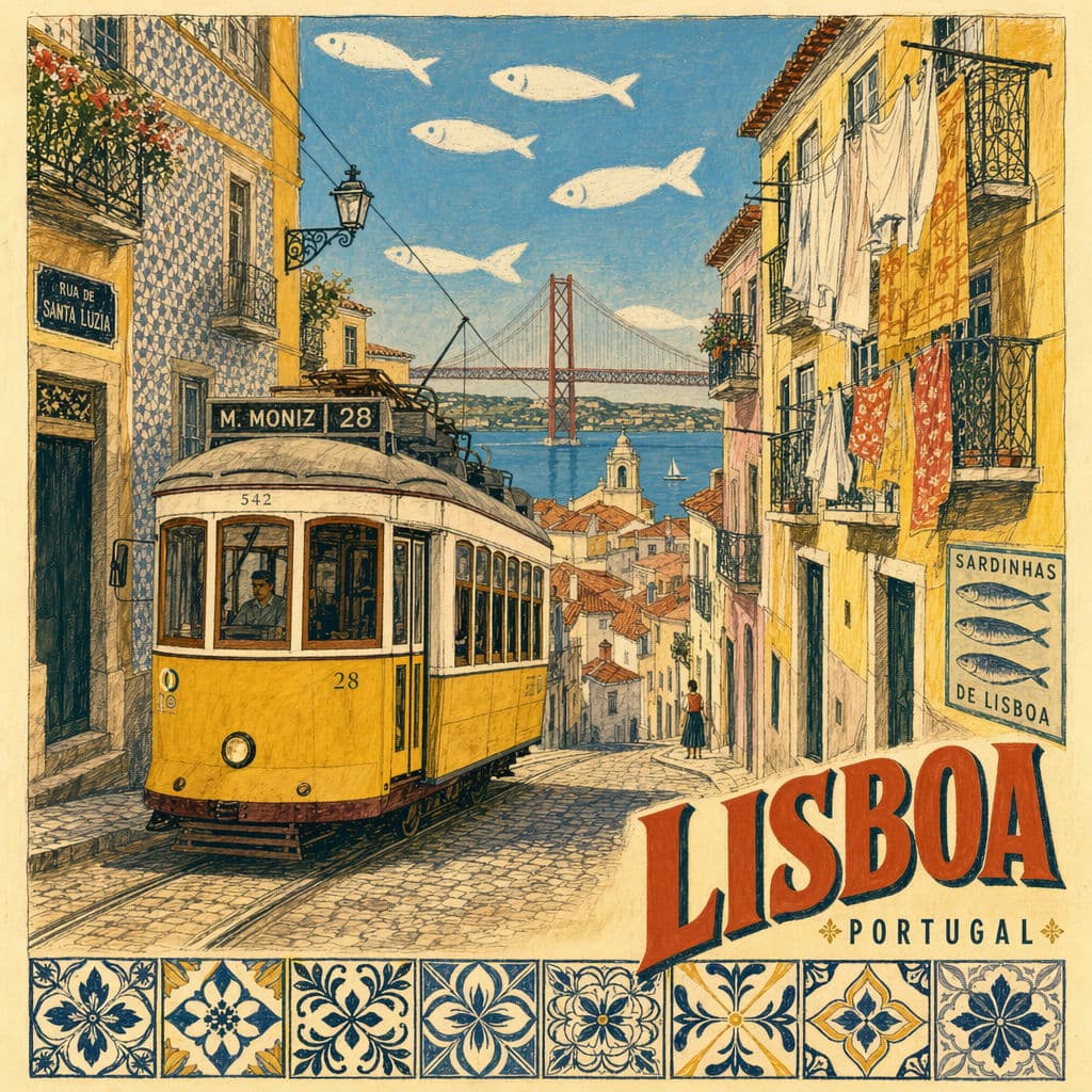 Cartaz de viagem vintage com bonde de Lisboa, gerado com ChatGPT Images 2.0