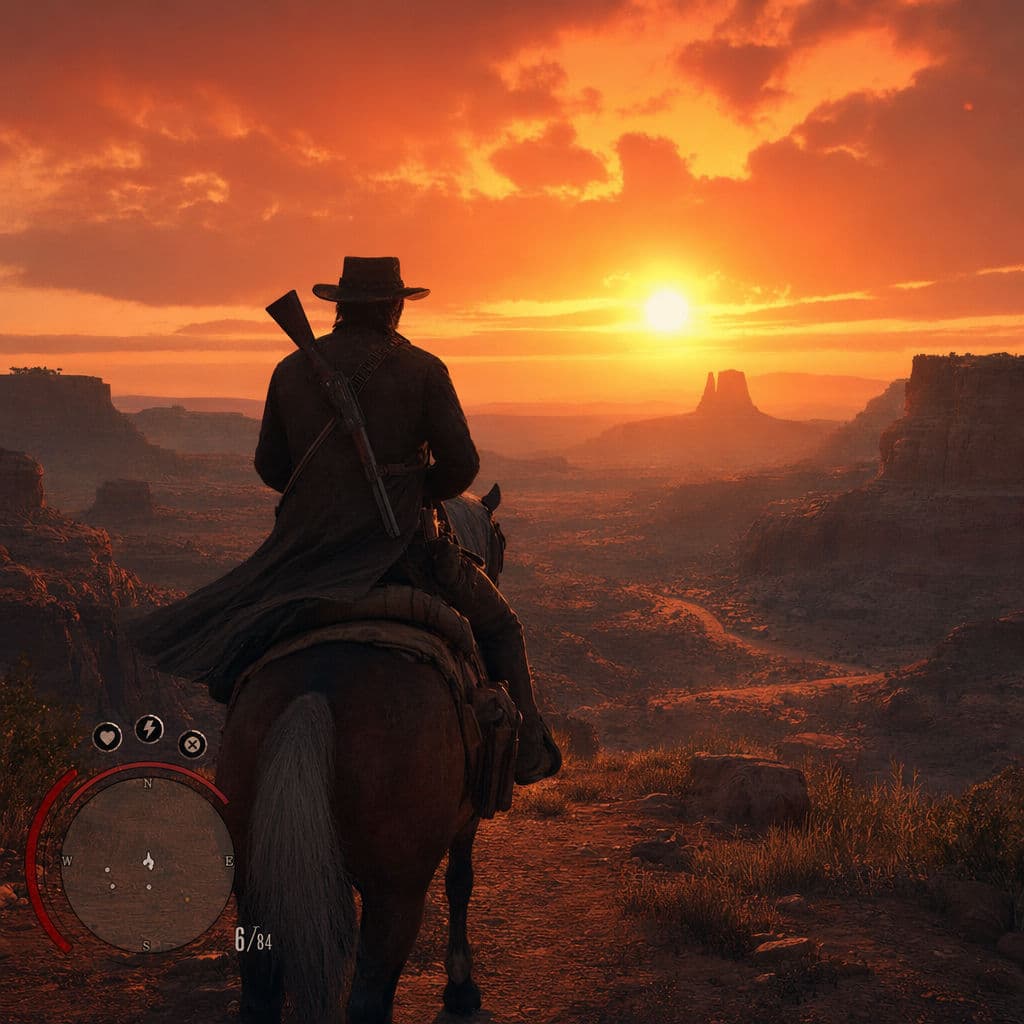 Captura de tela de jogo western em mundo aberto, gerada com ChatGPT Images 2.0
