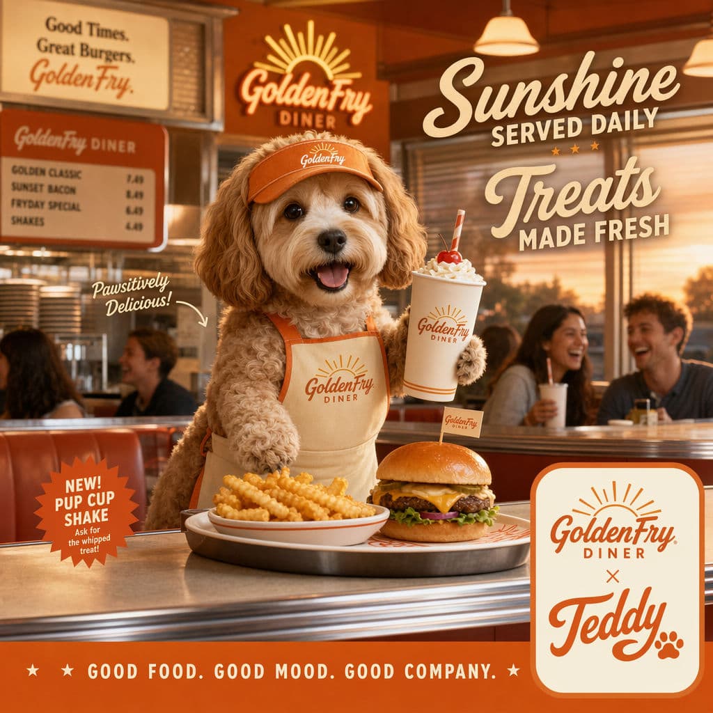 Pet mascot diner collaboration poster generated with ChatGPT Images 2.0