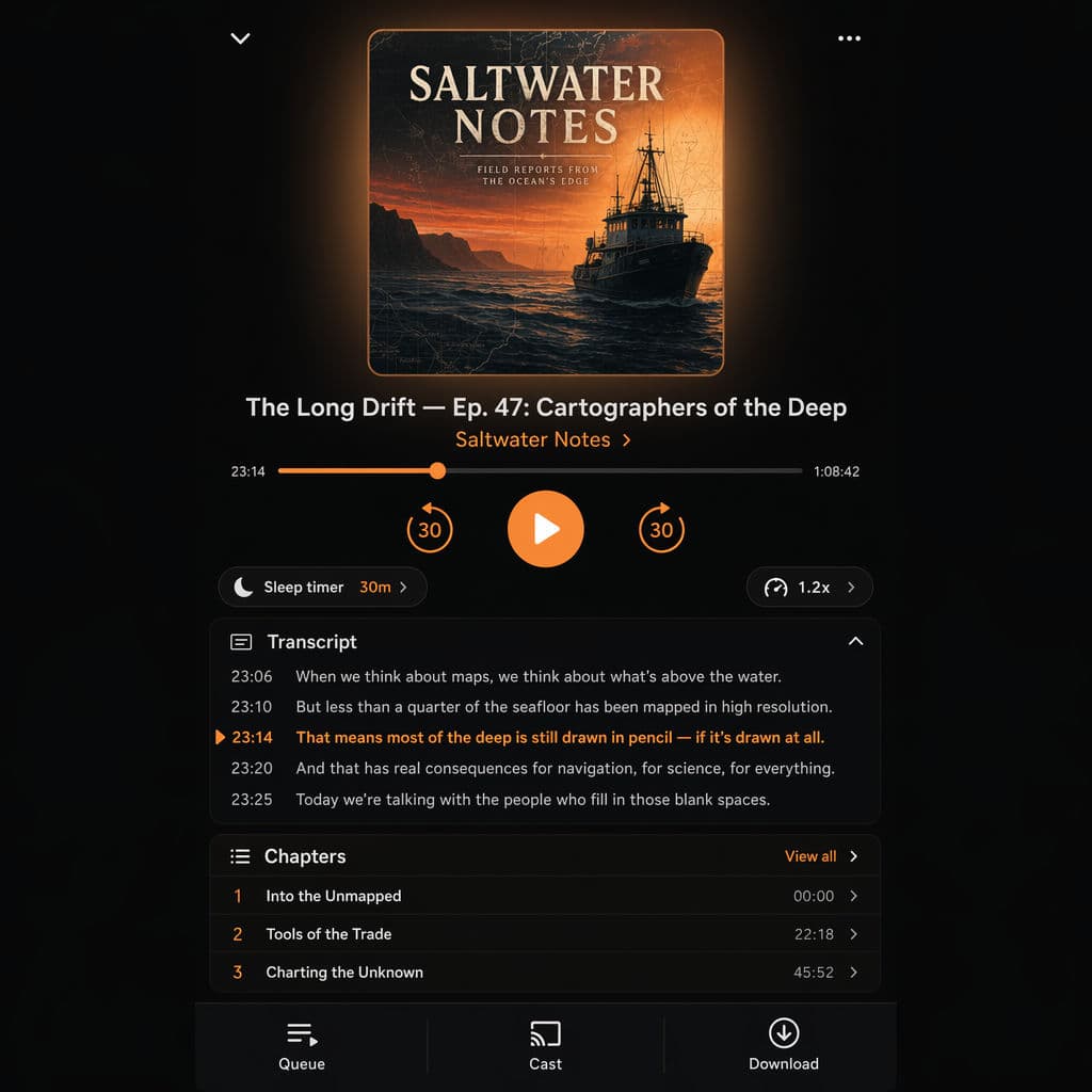 Interface de player de podcast em modo escuro, gerada com ChatGPT Images 2.0
