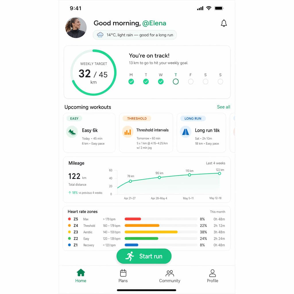 Mockup de UI de la pantalla de inicio de una app de running, generado con ChatGPT Images 2.0