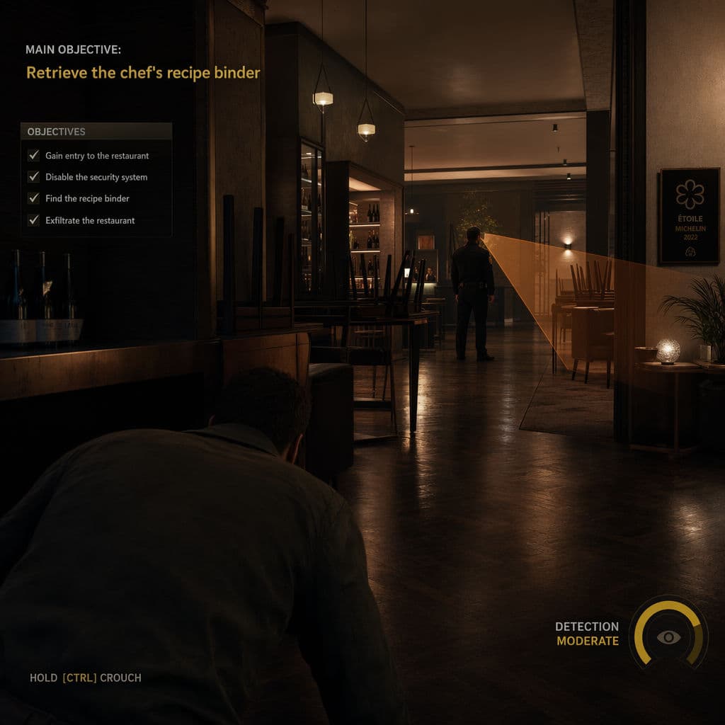 Captura de un juego de acción sigilosa, generada con ChatGPT Images 2.0