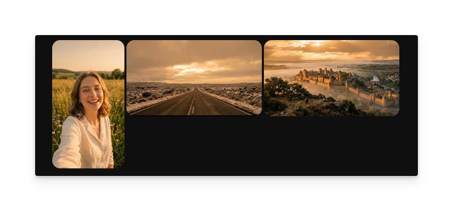 Tres resultados con color grading mostrados en paralelo: un retrato, un paisaje de viñedo y el perfil de una ciudad, todos con un tono cinematográfico cálido