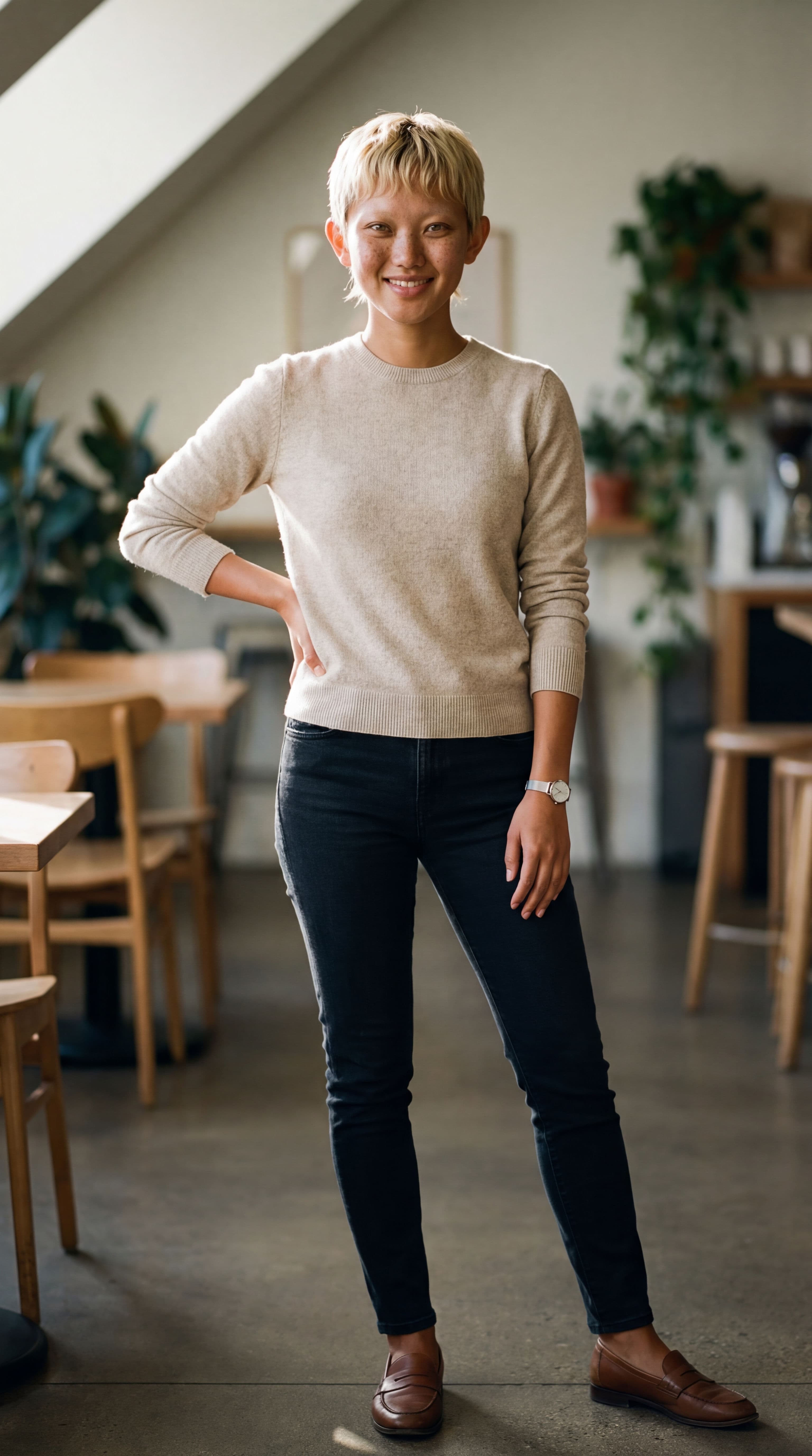 Imagen de influencer con IA generada mostrando a una mujer con corte pixie en un suéter beige y jeans oscuros, de pie en una cafetería iluminada