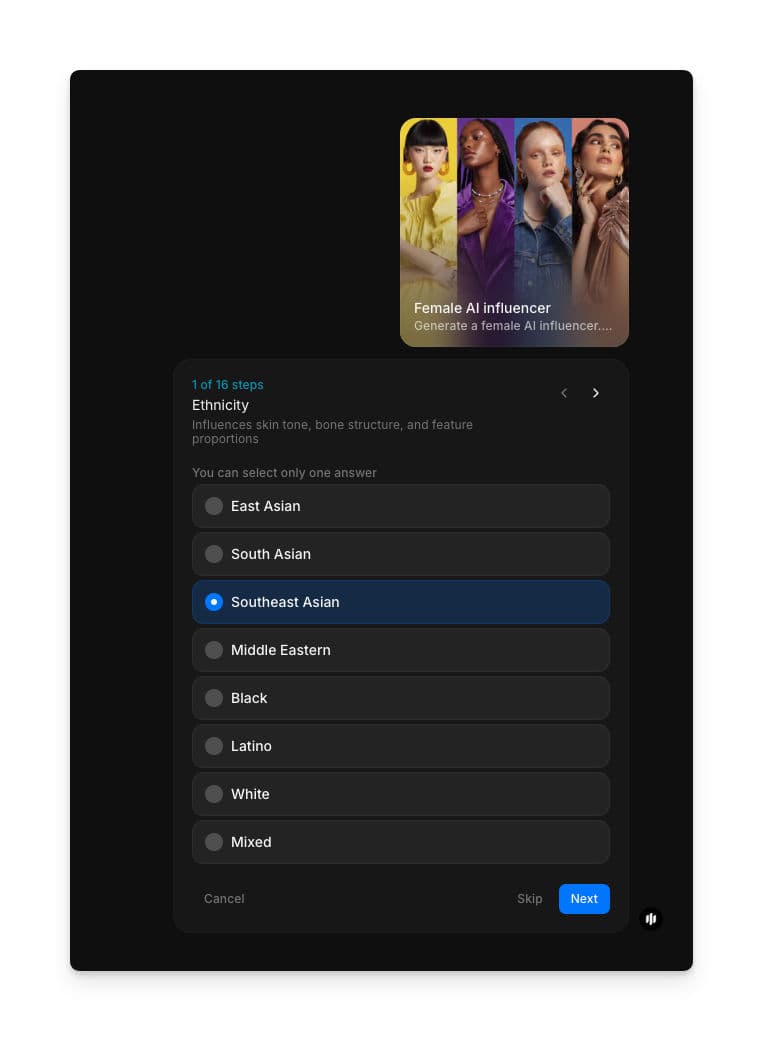 Paso 1 del workflow de influencer femenina con IA mostrando la selección de etnia con botones de radio para East Asian, South Asian, Southeast Asian, Middle Eastern, Black, Latino, White y Mixed
