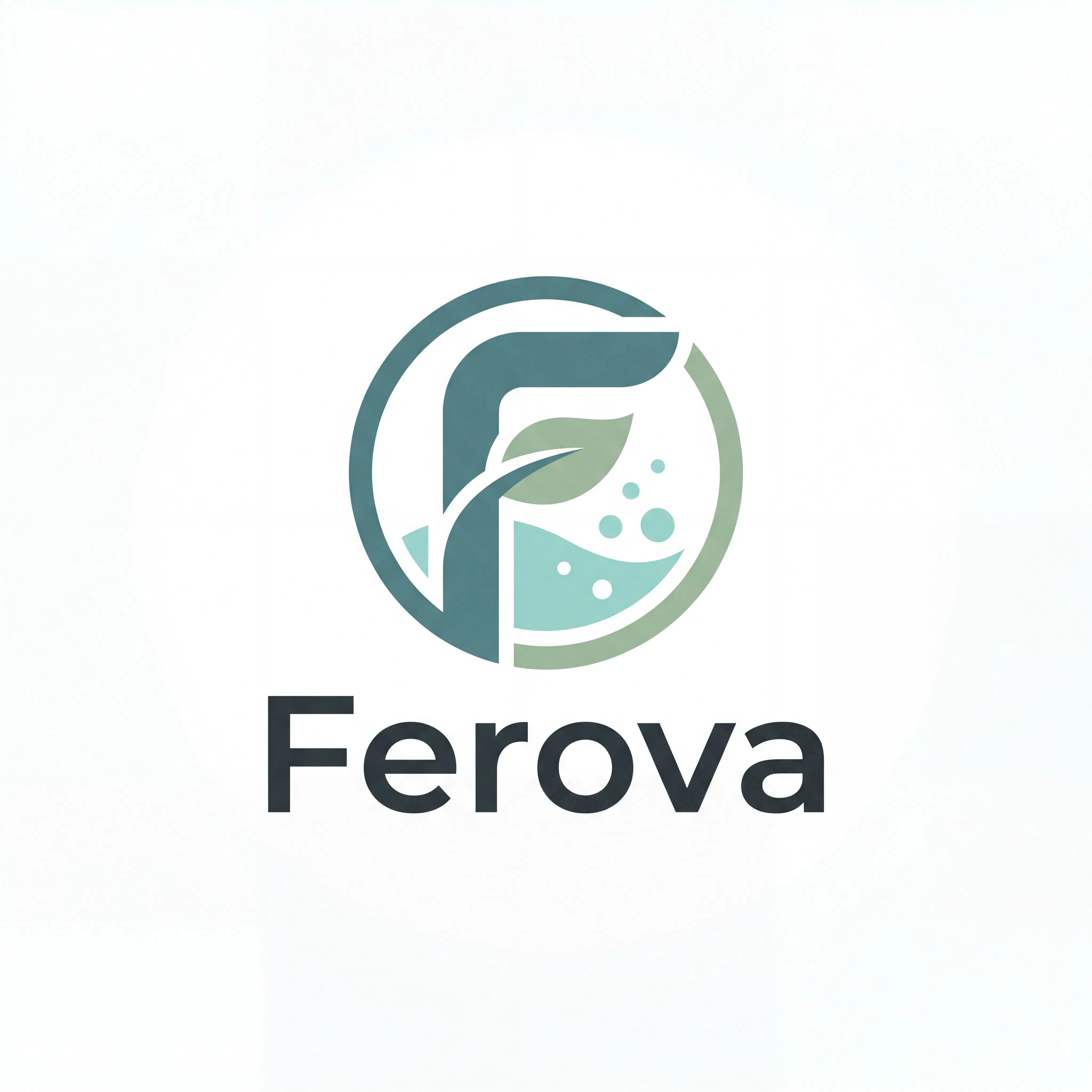 Generiertes Ferova-Logo mit einem stilisierten F samt Blatt- und Blasenelementen in einem Kreis, in Petrol und Salbeigrün