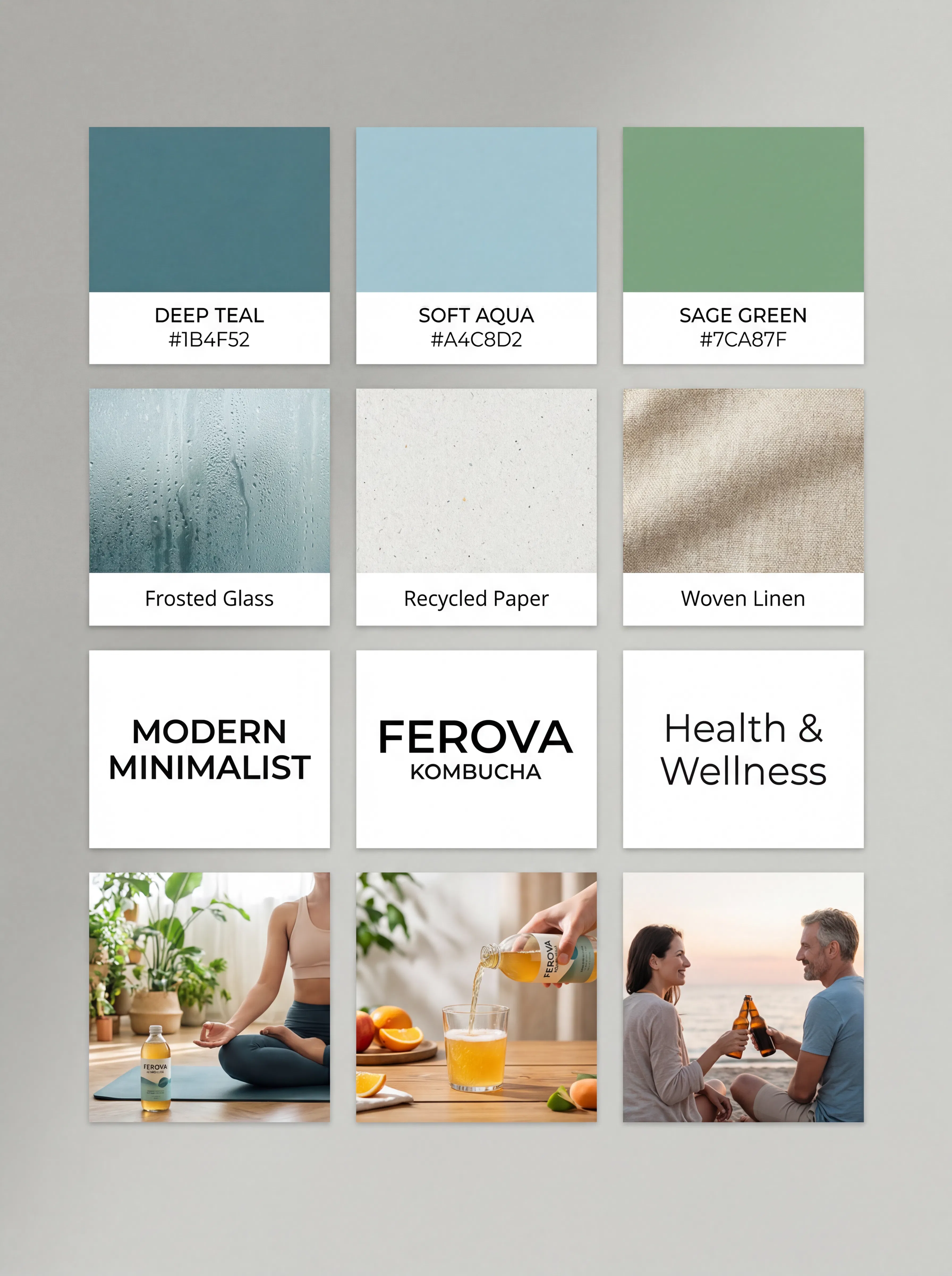 Ferova-Moodboard mit einem 3x4-Raster aus Farbmustern für Deep Teal, Soft Aqua und Sage Green mit Hex-Codes, Texturreferenzen für Frosted Glass, Recycled Paper und Woven Linen, Schriftbeispielen und Lifestyle-Bildern