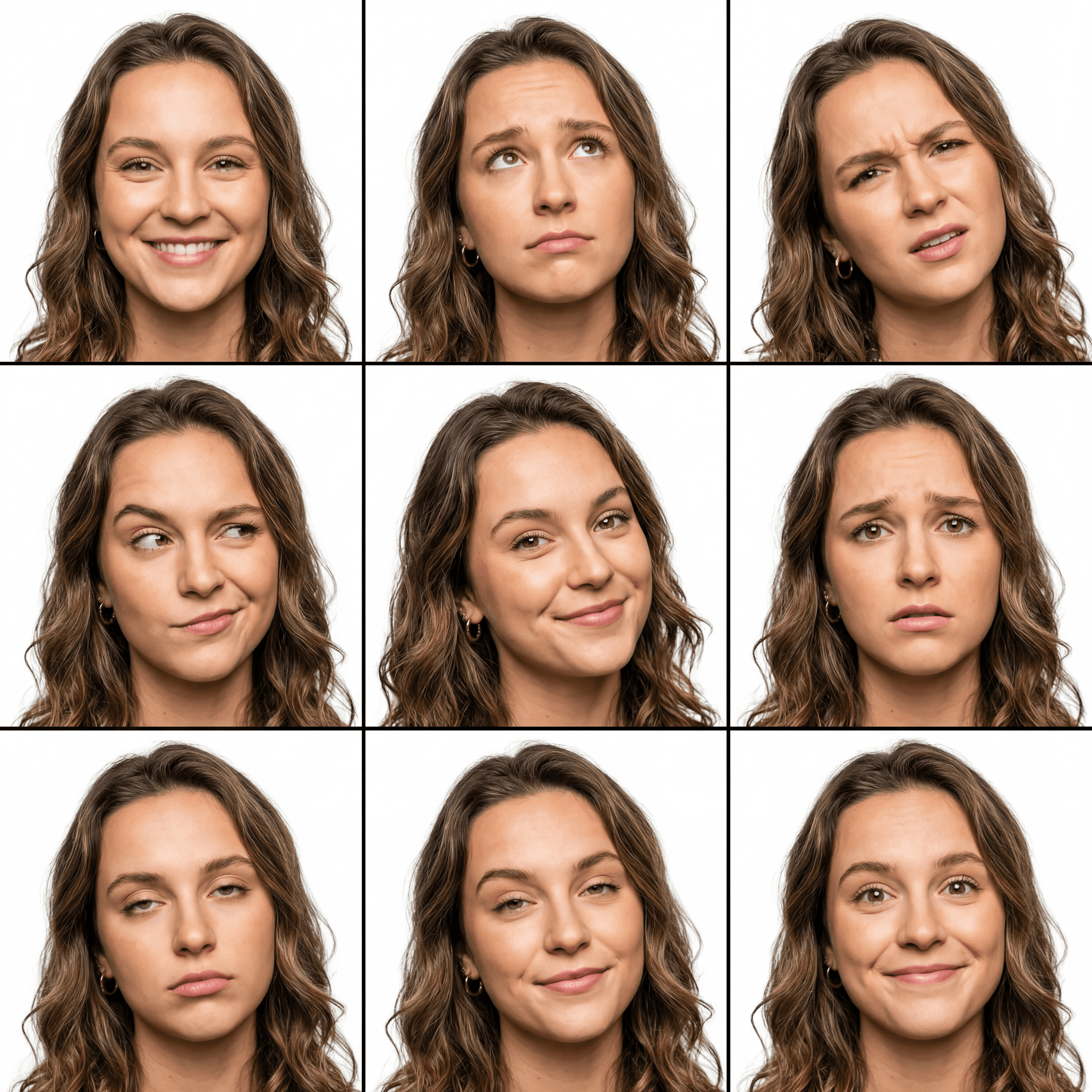 生成的表情参考表,展示角色的六种不同面部表情