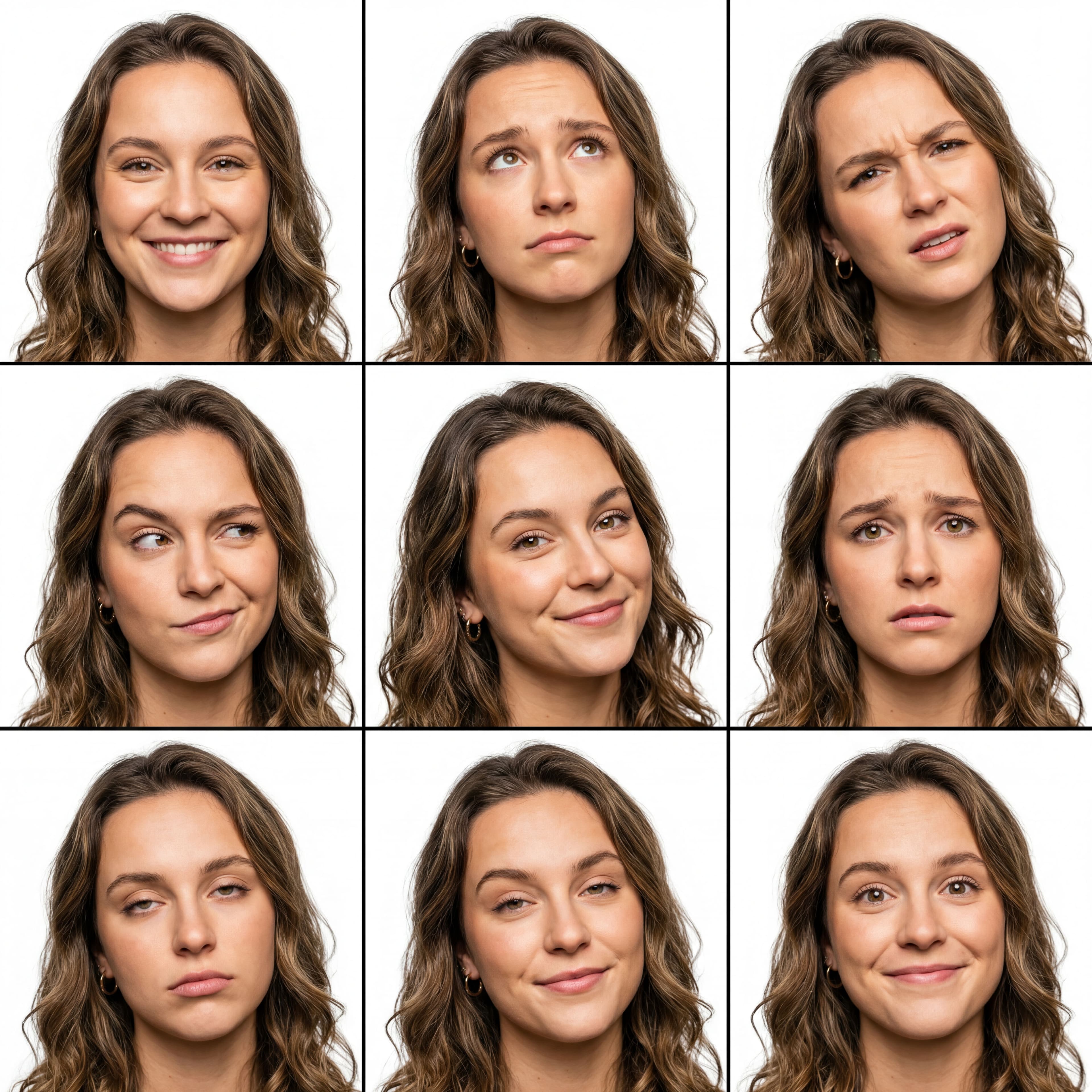 Folha de expressões gerada mostrando nove expressões faciais distintas da mesma mulher, organizadas em uma grade 3x3 sobre fundos brancos, indo de sorridente a preocupada e pensativa