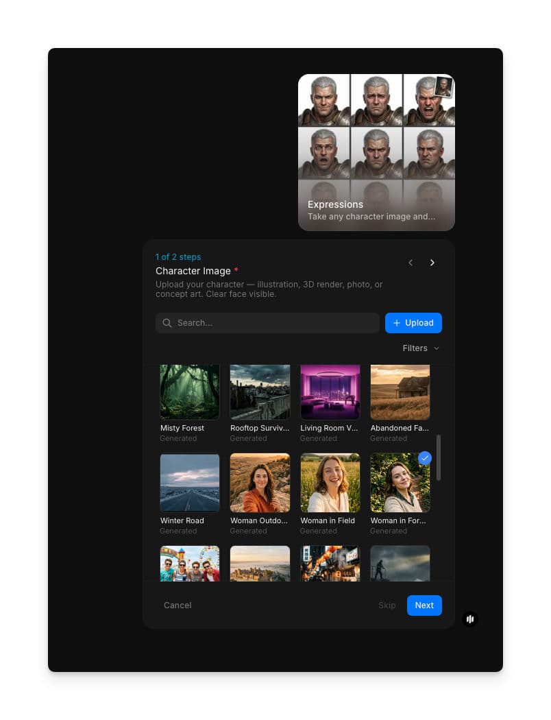 Paso 1 del workflow Expressions con el campo Character image, una galería de imágenes de personaje con búsqueda y un botón de subida