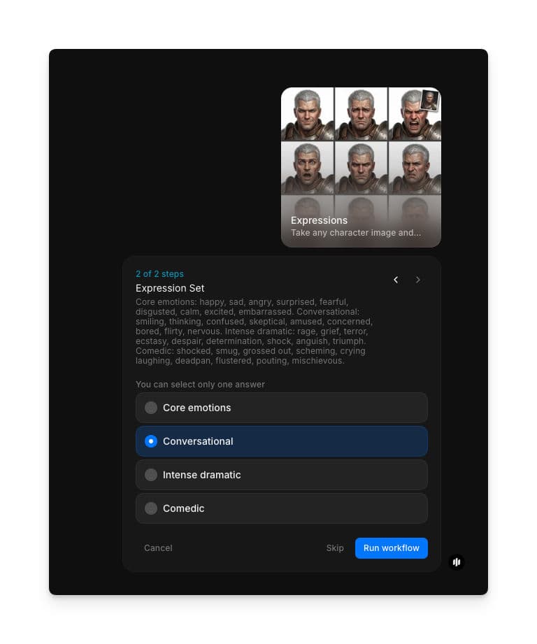 Morphic表情シートワークフローの感情選択と角度オプション