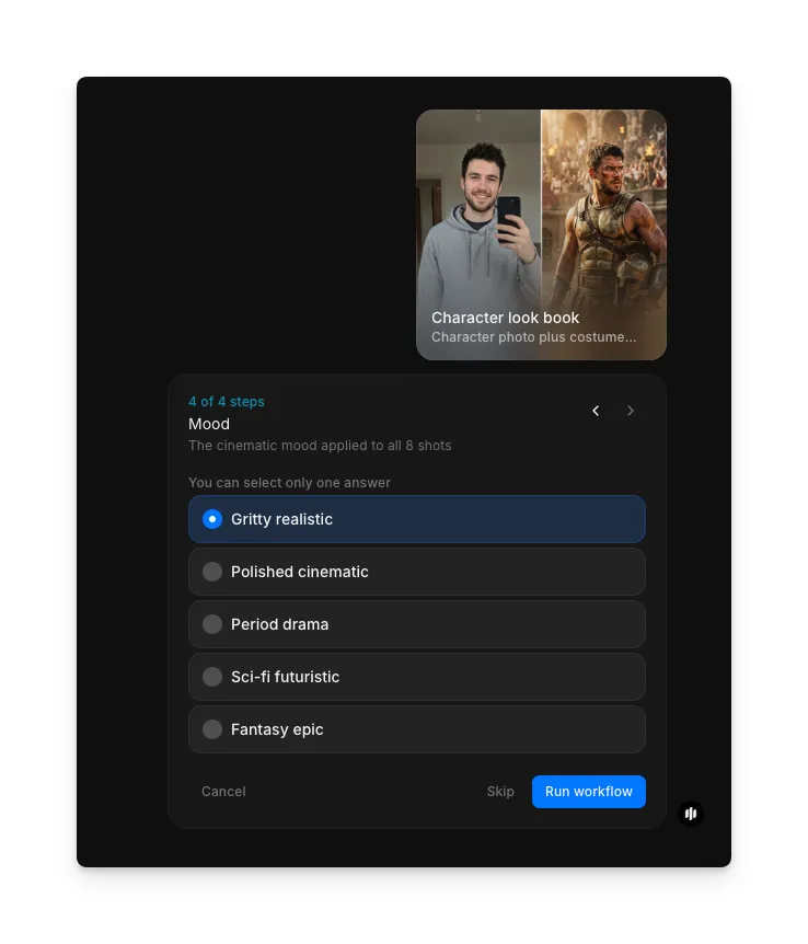 Auswahl der Stimmung mit Radiobuttons für Gritty realistic, Polished cinematic, Period drama, Sci-fi futuristic und Fantasy epic sowie einer Run-workflow-Schaltfläche