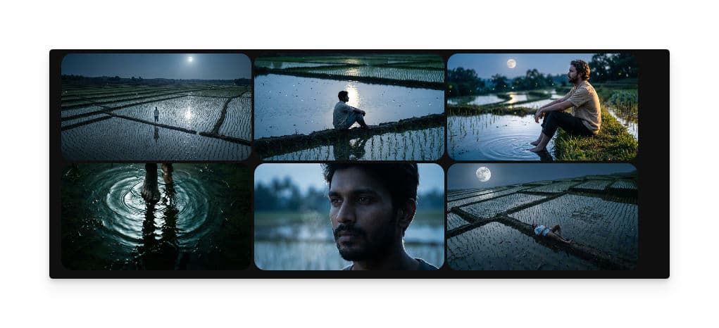 Storyboard cinematográfico generado de seis paneles mostrando una escena de arrozal iluminado por la luna con ángulos de toma variados, incluyendo un plano general, planos medios, un primer plano de retrato y composiciones atmosféricas en tonos azules fríos
