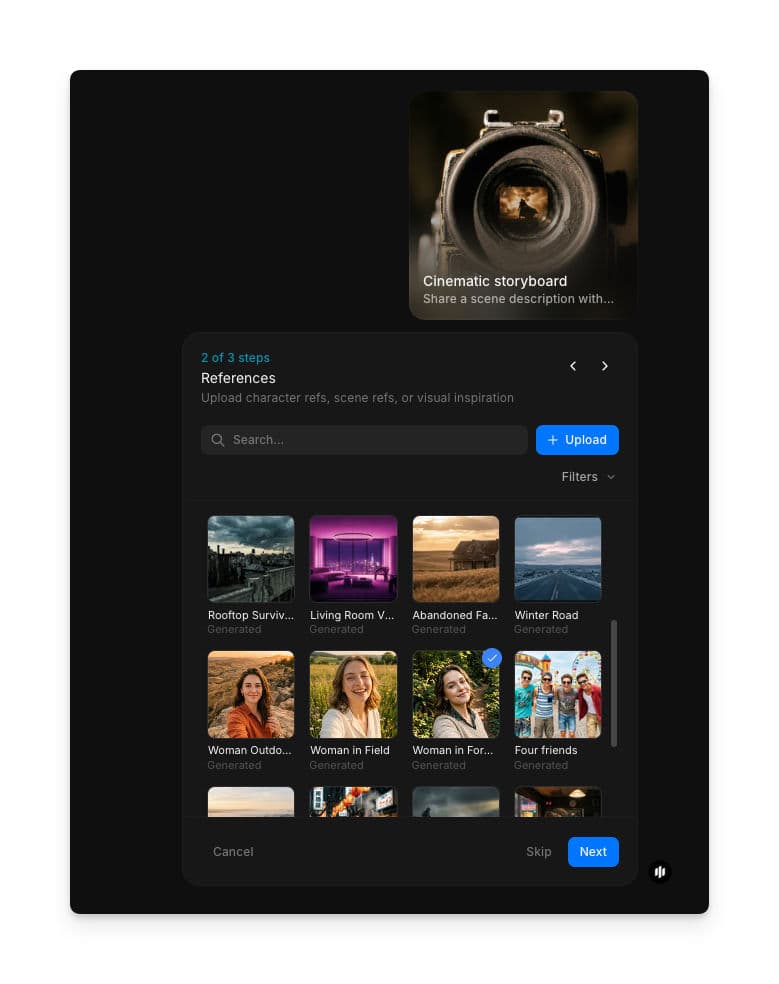 Paso References mostrando una galería con buscador de imágenes de referencia de personajes y ubicaciones, con botones Upload y Filters
