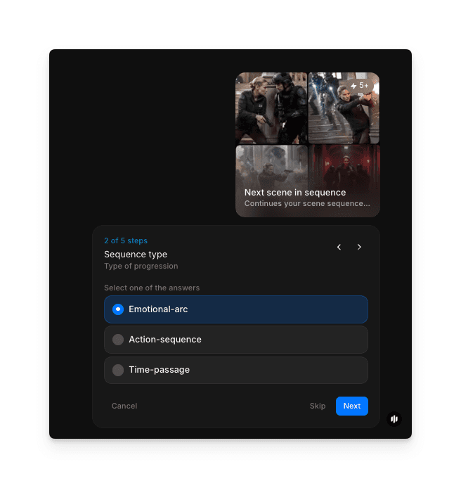 Morphic 일관된 캐릭터 워크플로우의 시퀀스 유형 선택 옵션