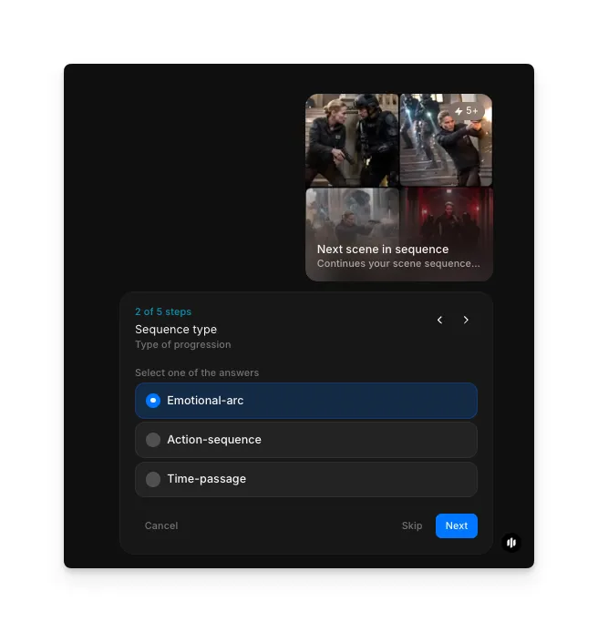 Auswahl des Sequenztyps mit Radiobuttons für Emotional-arc, Action-sequence und Time-passage