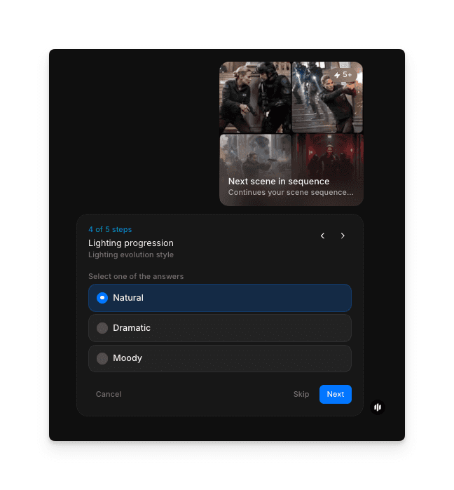 Morphic 일관된 캐릭터 워크플로우의 조명 진행 옵션