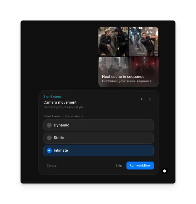 Auswahl der Kamerabewegung mit Radiobuttons für Dynamic, Static und Intimate sowie einer Run-workflow-Schaltfläche