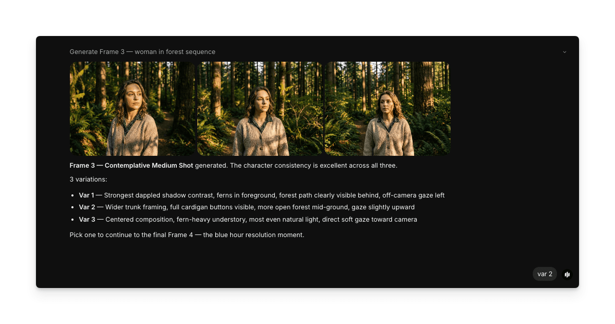 모든 생성 프레임에서 일관된 캐릭터를 보여주는 전체 출력 시퀀스