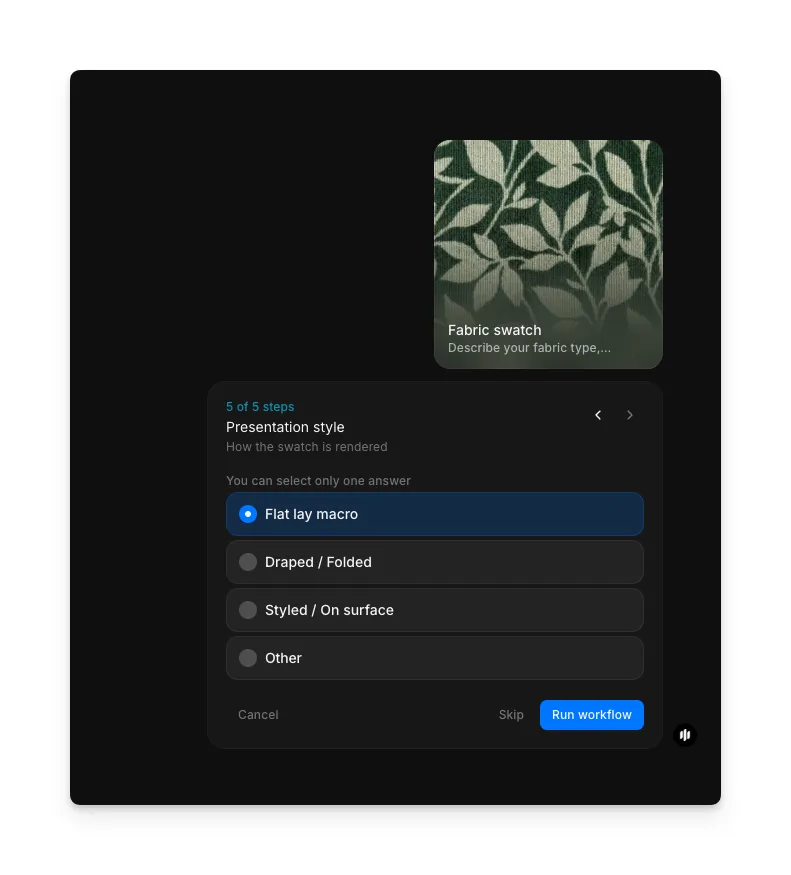 Auswahl des Präsentationsstils mit Radiobuttons für Flat lay macro, Draped / Folded, Styled / On surface und Other sowie einer Run-workflow-Schaltfläche
