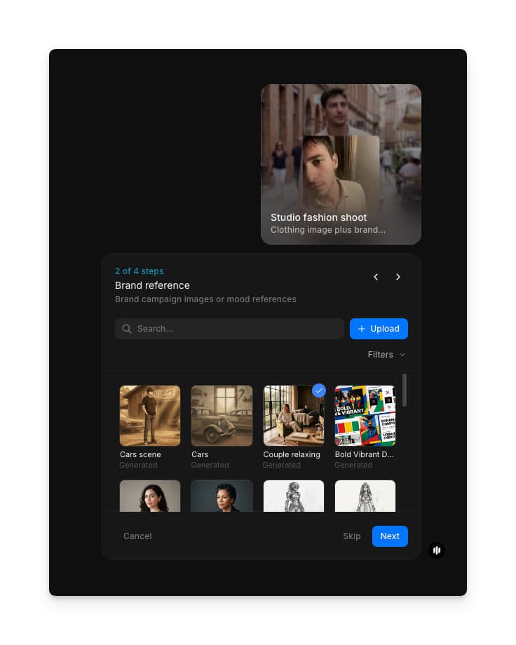 Brand reference step showing a searchable gallery of brand and fashion reference images with an Upload button