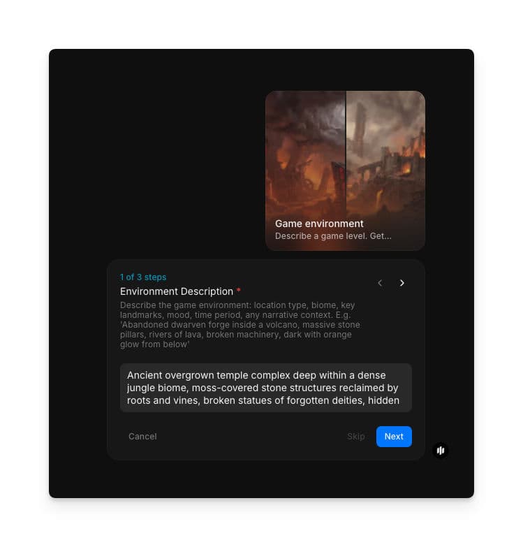 Paso 1 del workflow de entornos de juego, con el área de texto Environment Description y una descripción detallada de una escena de un complejo de templos antiguos