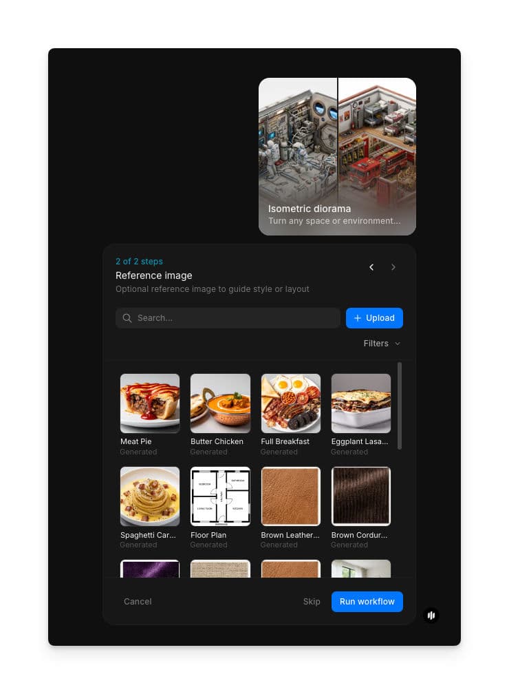 Passo Reference image mostrando uma galeria pesquisável de imagens de referência de estilo e material, com os botões Upload e Run workflow