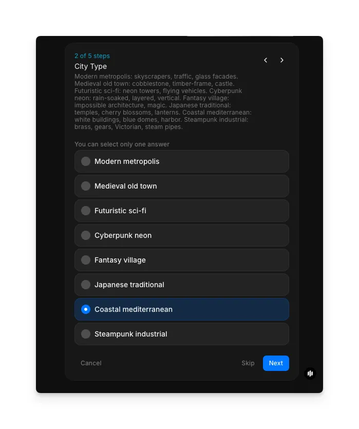 Auswahl des City Type mit Radiobuttons für Modern metropolis, Medieval old town, Futuristic sci-fi, Cyberpunk neon, Fantasy village, Japanese traditional, Coastal mediterranean und Steampunk industrial