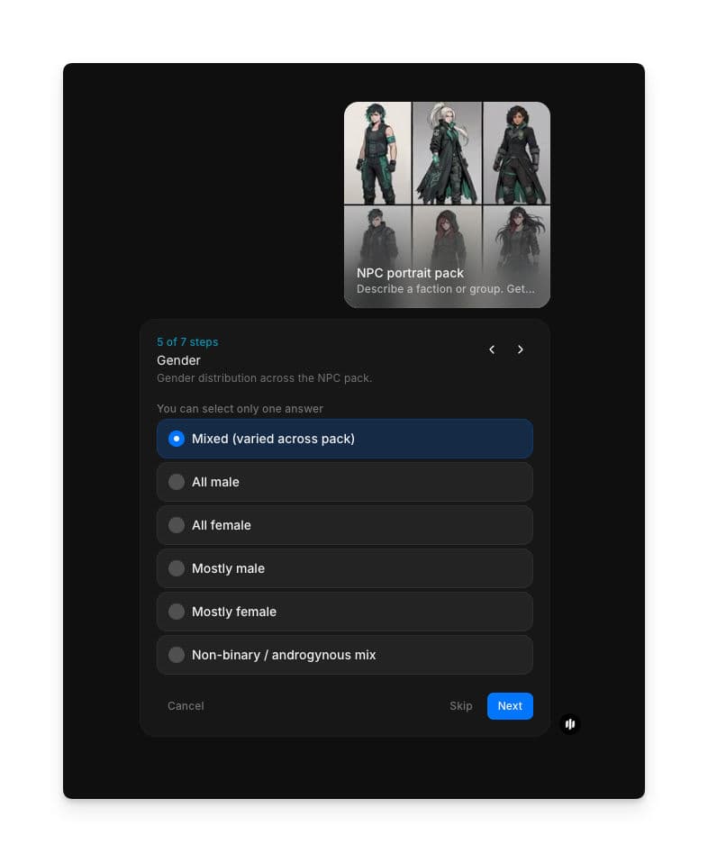 Morphic NPCポートレートパックワークフローの性別分布設定