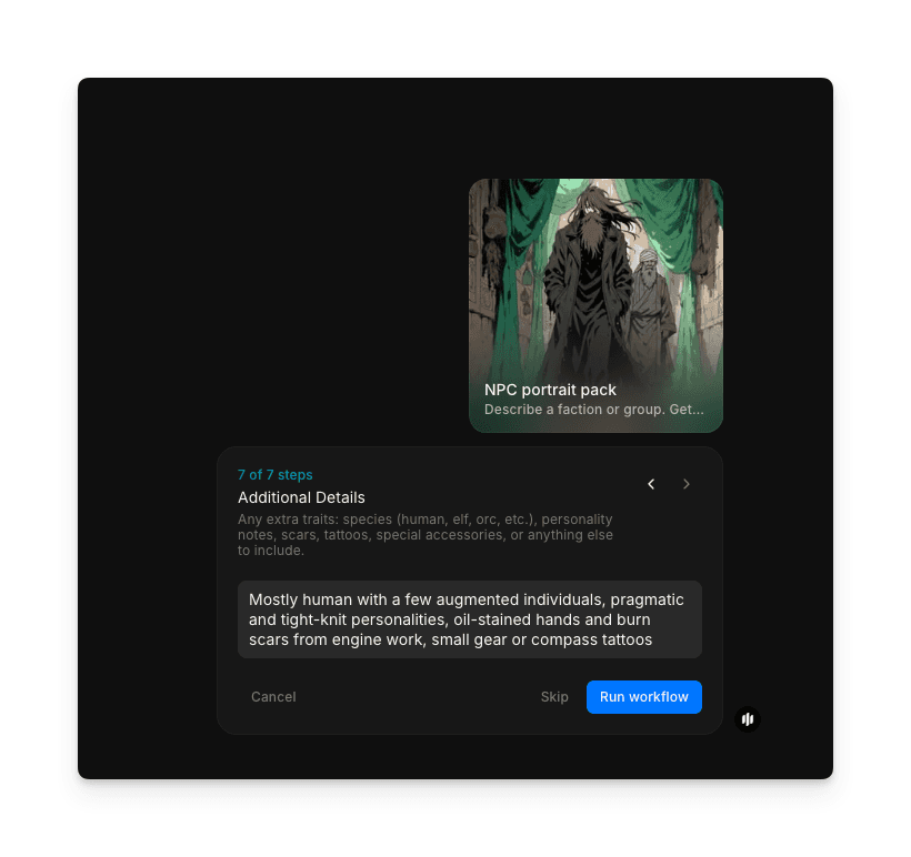 Etapa Additional Details mostrando uma área de texto para notas extras dos personagens com um botão Run workflow