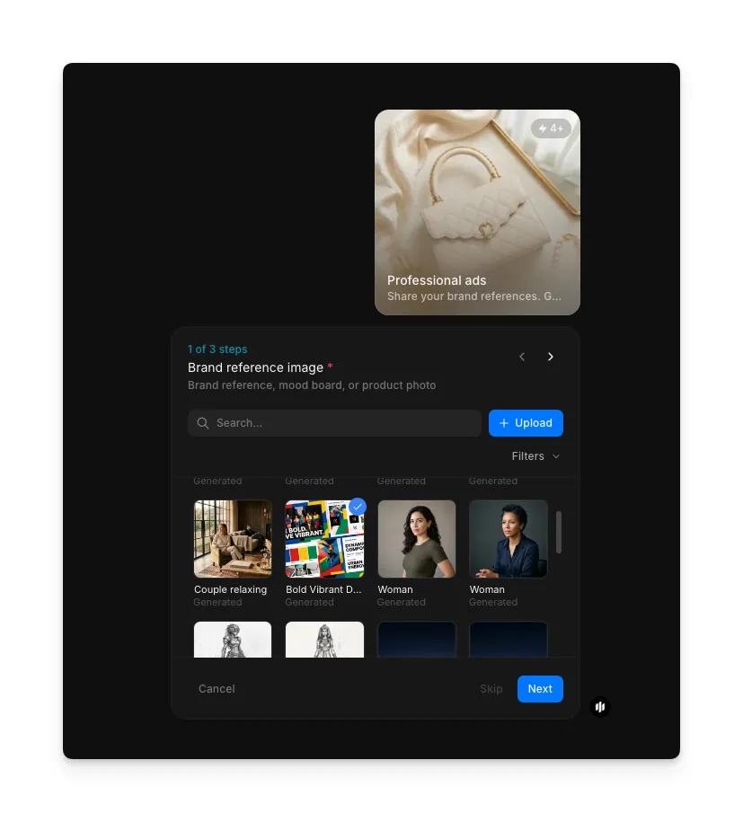 Schritt 1 des Professional-ads-Workflows mit dem Feld Brand reference image, einer durchsuchbaren Galerie und einer Upload-Schaltfläche