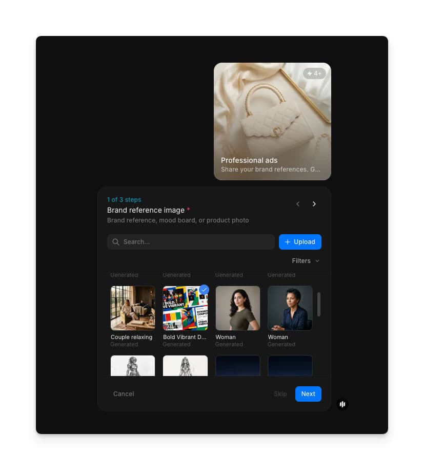 Langkah 1 workflow Professional ads menampilkan bidang Brand reference image dengan galeri yang bisa dicari dan tombol Upload