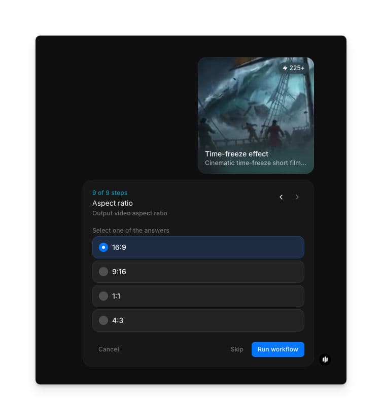Zaman dondurma efekti workflow'unun 9. adımı: 16:9, 9:16, 1:1 ve 4:3 seçenekleri ve bir Run workflow düğmesiyle en boy oranı seçici