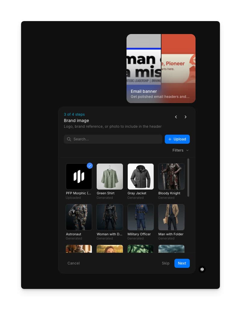 Paso de Brand image mostrando una galería de imágenes de marca y producto que se puede buscar, con un botón Upload